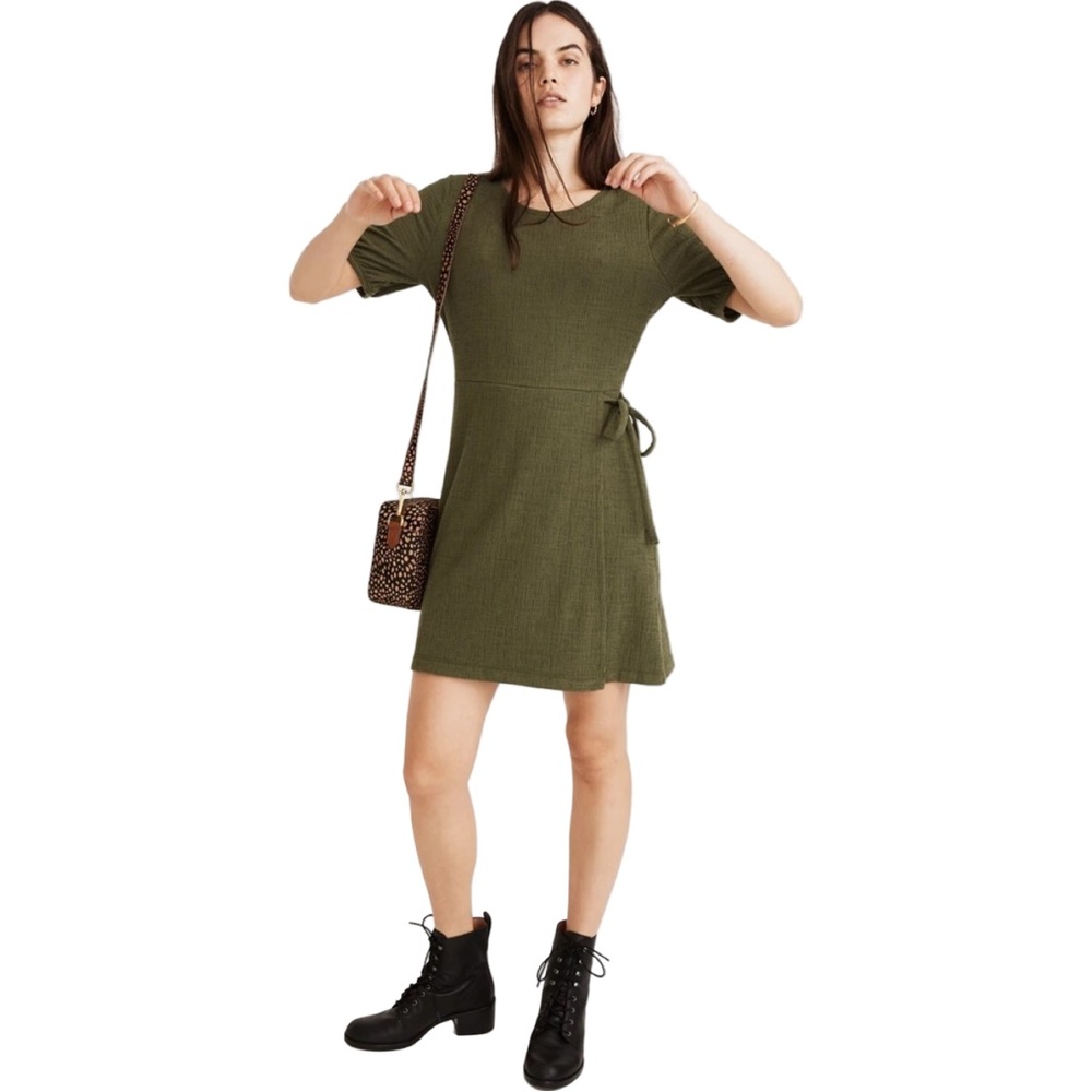 Madewell Women’s Olive Green Crosshatch Puff‎ Sleeve Faux Wrap Mini Dress Medium